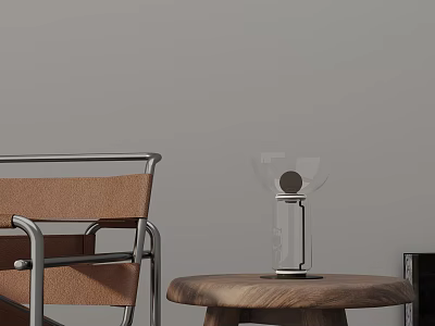 Modern Glass Table Lamp on Wooden Side Table with Metal Frame Leather Chair 3d model