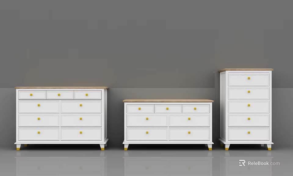 White Entryway And Side Cabinets With Gold Handles Drawers And Legs 3d model 