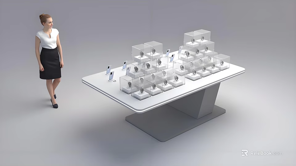 Modern Decorative Ornament Display Set On White Platform With Transparent Cube Cases 3d model