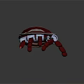 Red Mechanical Character With Metallic Arm Featuring Jointed Fingers And Colorful Striped Cylindrical Base