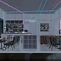Modern Bar Interior With Dark Background Neon Lights Bar Counter Bottle Shelves And Tables Chairs