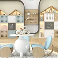 Warm Kids Room Interior With Wooden Children's Table Blue Rocking Chairs And Chalkboard Storage Shelves