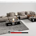 Modern Gray Sectional Sofa with Coffee Table and Decorative Items on Area Rug 3d model