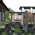 Modern Chinese Courtyard Garden Design With Lush Greenery Stone Pathways Lanterns And Seating Area