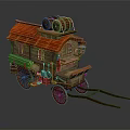 Vintage Mobile Cart With Red Roof Wooden Barrels Wheels And Decorative Details