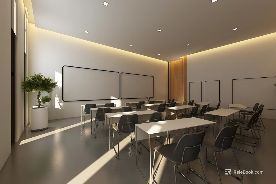 School Classroom Bright Interior With Multiple Whiteboards Neatly Arranged Tables Chairs And Potted Plant 3d model 