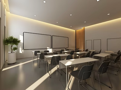 School Classroom Bright Interior With Multiple Whiteboards Neatly Arranged Tables Chairs And Potted Plant 3d model