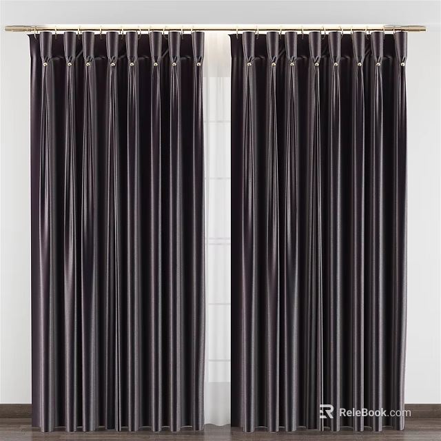 Black Satin Grommet Top Curtains Sleek Floor Length Window Panel in Modern Room 3d model 