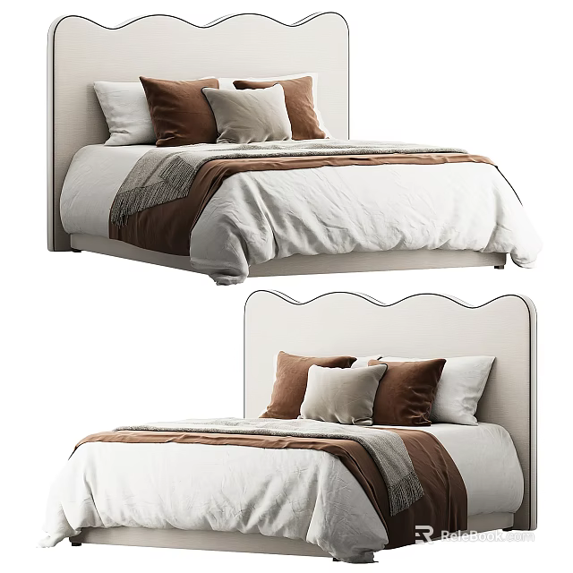 Modern Double Bed Interior With White Bedspread Brown Pillows And Elegant Headboard 3d model