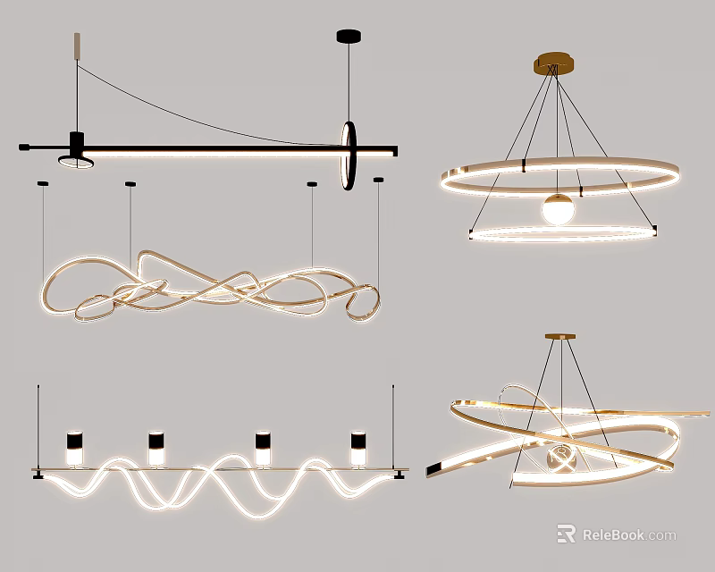 Stylish Modern Contemporary Chandeliers Featuring Various Circular Curved Geometric LED Lighting Designs 3d model 
