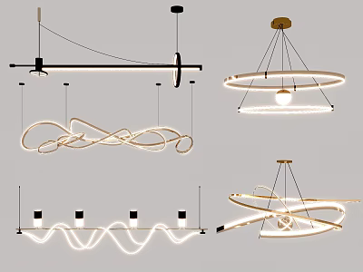 Stylish Modern Contemporary Chandeliers Featuring Various Circular Curved Geometric LED Lighting Designs 3d model