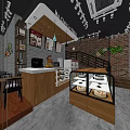 Dessert Shop Interior Featuring Brick Wall Glass Display Cases And Wooden Pastry Counters