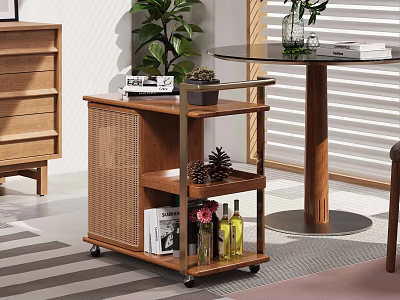 Wooden Rolling Side Table With Multiple Shelves Holding Books Wine Bottles And Decorations 3d model