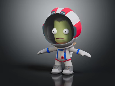 Cartoon Astronaut Character Green Creature With Red White Helmet White Spacesuit And Blue Accents 3d model