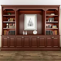 Elegant Dark Brown Wooden Bookcases With Gold Accents Framed Art Books And Decorative Items