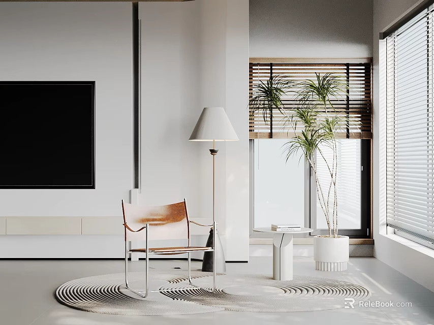 Modern Minimalist Living Room Interior With Decorative Ornament Set Floor Lamp Potted Plants And Rug 3d model 