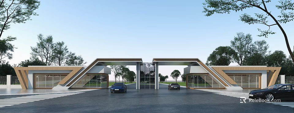 Modern Entrance Gate With Glass Facade Trees And Cars Passing Through 3d model 