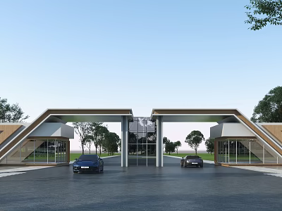 Modern Entrance Gate With Glass Facade Trees And Cars Passing Through 3d model