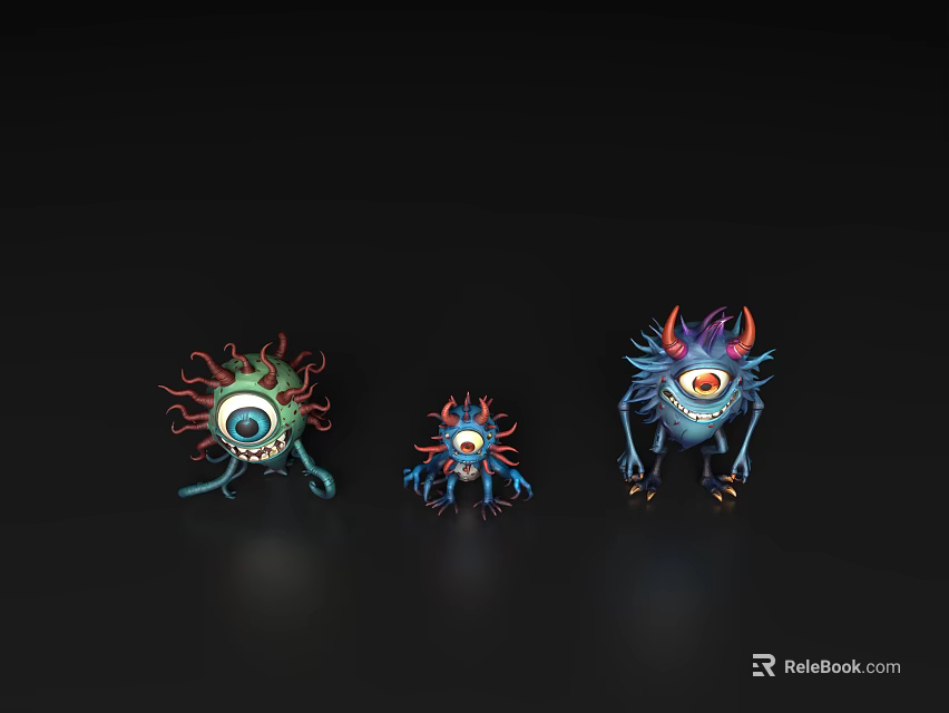 Three Colorful Cartoon Monsters With Big Eyes Tentacles And Horns 3d model 