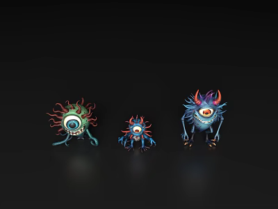 Three Colorful Cartoon Monsters With Big Eyes Tentacles And Horns 3d model