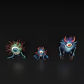Three Colorful Cartoon Monsters With Big Eyes Tentacles And Horns