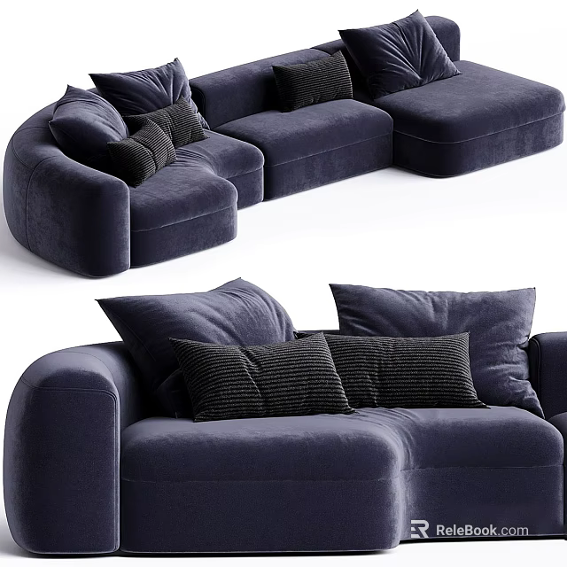 Modern Navy Blue Velvet Three Seater Sofa With Black Cushions And Curved Design 3d model 
