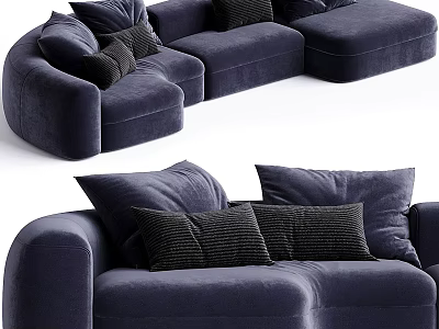 Modern Navy Blue Velvet Three Seater Sofa With Black Cushions And Curved Design 3d model