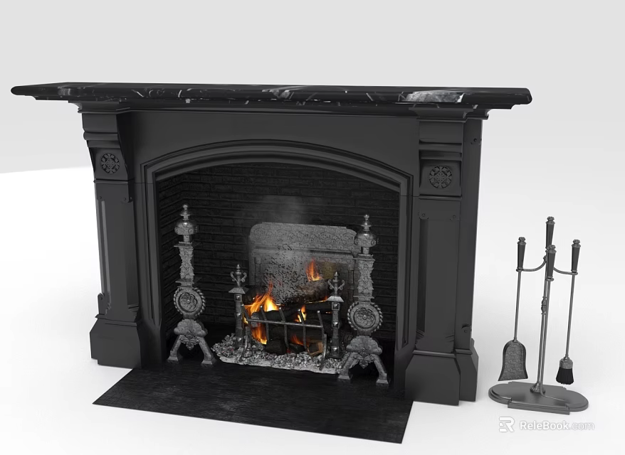 Classic Black Fireplace With Marble Mantel Burning Fire And Tools Beside 3d model 