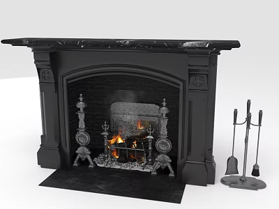 Classic Black Fireplace With Marble Mantel Burning Fire And Tools Beside 3d model