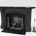 Classic Black Fireplace With Marble Mantel Burning Fire And Tools Beside