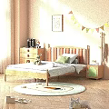 Cozy Kids Bedroom Wooden Bed Upholstered Headboard Green Pillow Cartoon Rug Alphabet Art Colorful Bunting