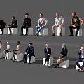 Group of People Sitting on White Cubes with Various Poses and Attire