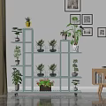 Bright Indoor Garden Decor With Multi Tiered Shelves Potted Plants And Wall Art
