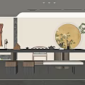 Traditional Tea Room Interior With Tea Set On Table Round Decorative Painting And Green Plant