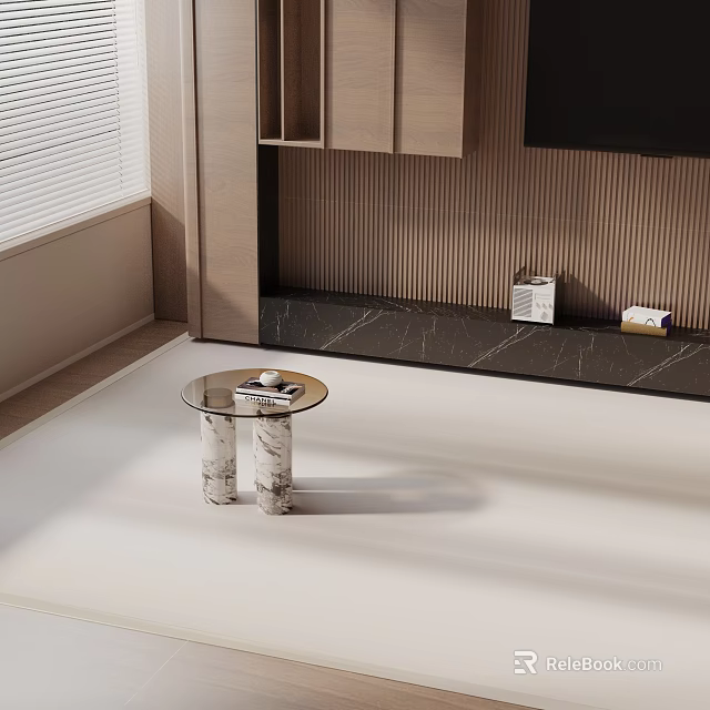 Modern Round Side Table with Marble Legs Living Room Wooden Wall and Black Marble Floor 3d model 