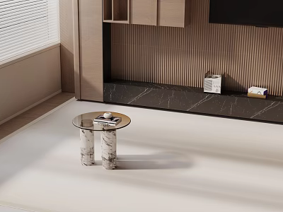 Modern Round Side Table with Marble Legs Living Room Wooden Wall and Black Marble Floor 3d model