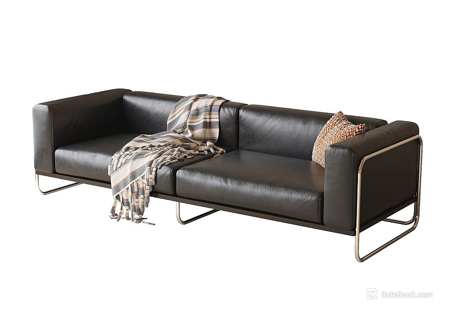 Modern Leather Two Seater Sofa With Plaid Blanket Pillow And Metal Legs 3d model 