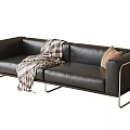 Modern Leather Two Seater Sofa With Plaid Blanket Pillow And Metal Legs