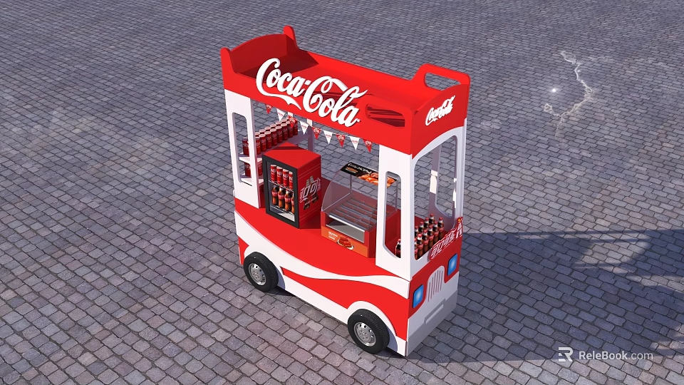 Coca Cola Red And White Mobile Vending Cart With Beverage Dispensers And Display Shelves 3d model 