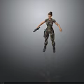 Futuristic Female Character In Tech Suit Holding Blaster Against Gray Background