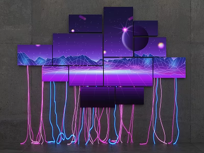 Creative Photo Wall With Multiple Panels Starry Sky Moon Mountains Purple Water And Neon Light Lines 3d model