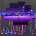 Creative Photo Wall With Multiple Panels Starry Sky Moon Mountains Purple Water And Neon Light Lines