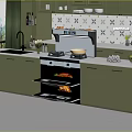 Green Kitchen With Open Oven Food Countertop Patterned Backsplash And Sink 3d model