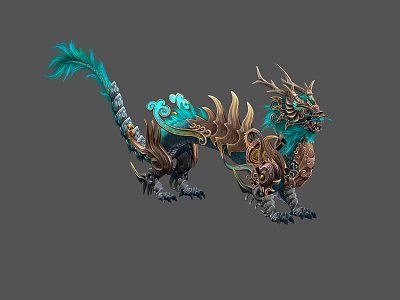 Mythical Flying Creature With Blue Feathers Golden Decorations And Majestic Wing Design 3d model