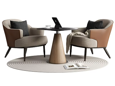 Modern Table Chair Set With Beige Brown Upholstered Chairs Wooden Base Round Rug And Book 3d model