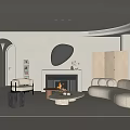Modern Minimalist Living Room With Fireplace Round Mirror White Sofa Wooden Cabinets And Arched Doorway