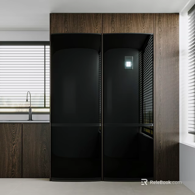 Modern Kitchen Interior With Built In Dark Double Door Refrigerator And Wooden Cabinets 3d model 