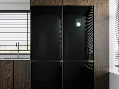 Modern Kitchen Interior With Built In Dark Double Door Refrigerator And Wooden Cabinets 3d model