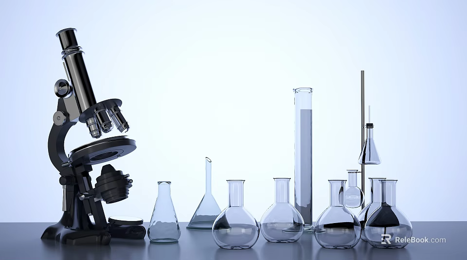 Scientific Laboratory Equipment Setup With Microscope Glass Beakers Flasks And Test Tubes 3d model