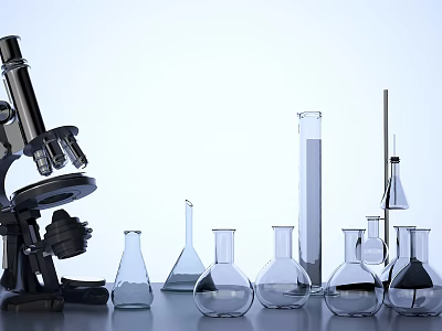 Scientific Laboratory Equipment Setup With Microscope Glass Beakers Flasks And Test Tubes 3d model